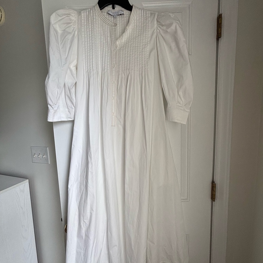 Hunter Bell White Midi Boho Dress with Puff Sleeves and Buttons